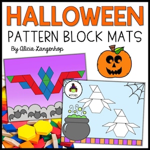May include: Halloween pattern block mats by Alicia Langenhop featuring educational activity sheets with geometric shapes, a jack-o'-lantern, a bat-themed design on a purple background, and a witch-themed design with a cauldron on a blue background.