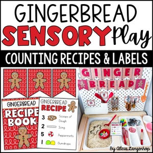 May include: A sensory play set with a gingerbread theme. Includes a recipe book, recipe cards, and a banner that reads "GINGERBREAD". The set features red and white colors, with gingerbread man illustrations and the text "GINGERBREAD SENSORY Play".