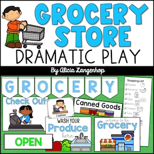 May include: A colorful educational poster for dramatic play, featuring the words "Grocery Store Dramatic Play." Includes illustrations of a shopping cart, cashier, canned goods, and a shopping list. The poster is designed for children.