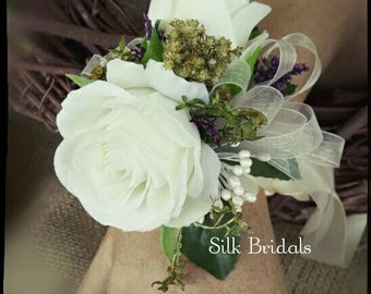 Wrist corsage cream ivory silk roses  Wedding Bridal flowers mother grandmother prom keepsake flowers