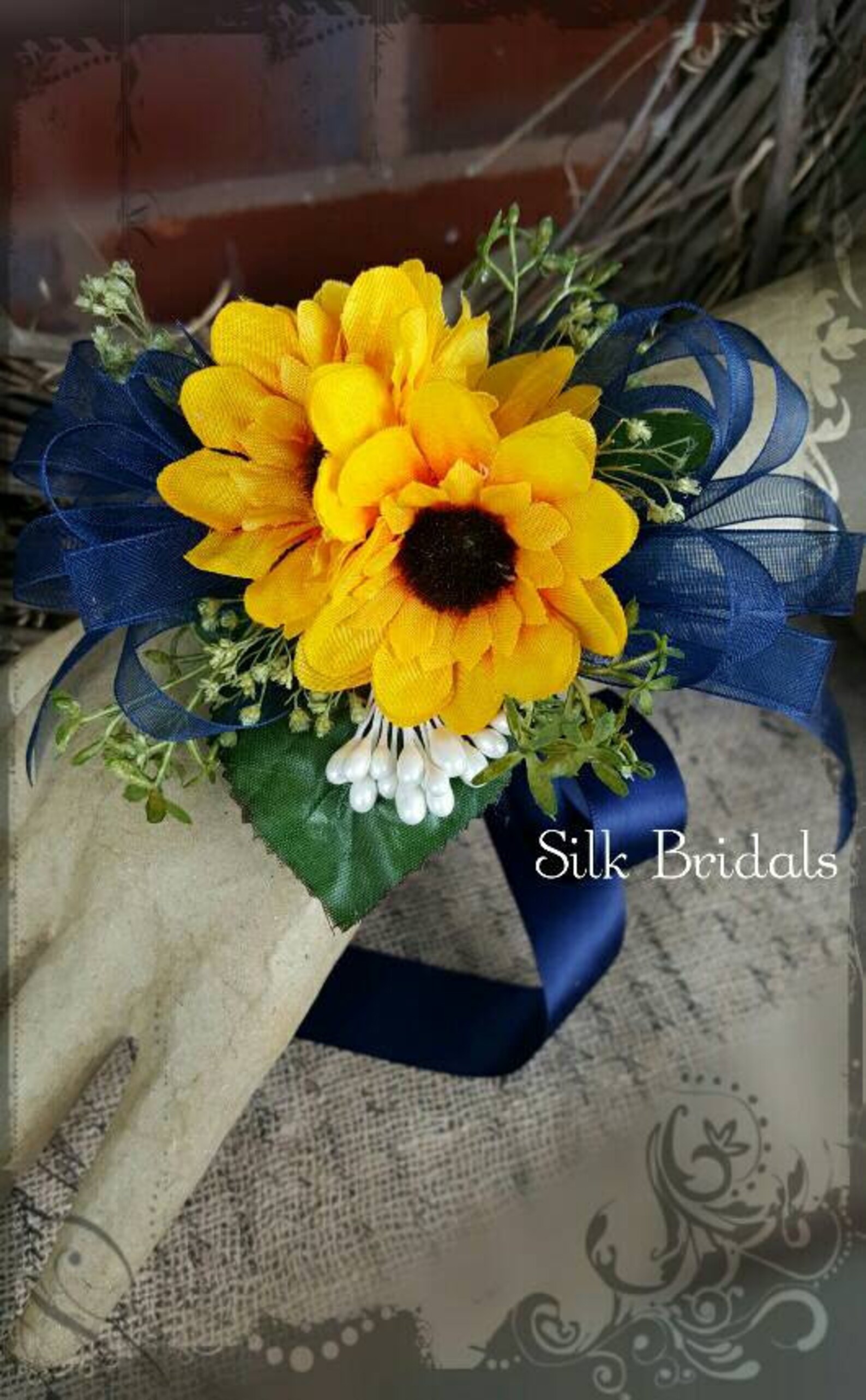 Sunflower Corsage Mini Sunflowers Wrist Corsage Navy Blue Etsy