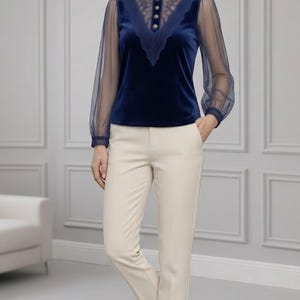 Navy Velvet Lace Blouse – Mesh Sleeve Patchwork Elegant Women’s Top