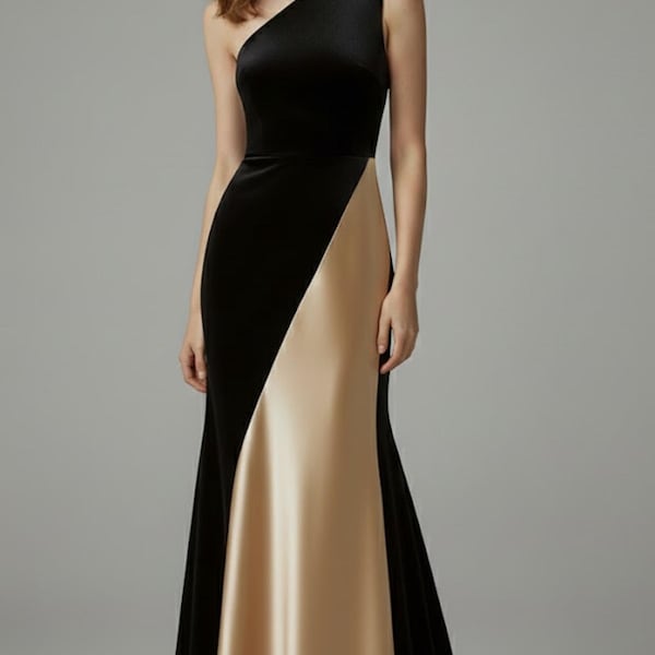 Women’s One-Shoulder Mermaid Dress – Black and Gold Color Block Evening Gown