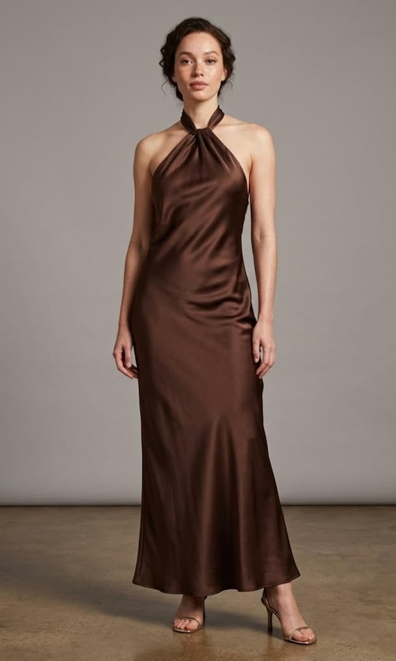 satin halter neckline backless maxi dress Neck – High Waist Belted Elegant Street Style Gown beaded mermaid gown