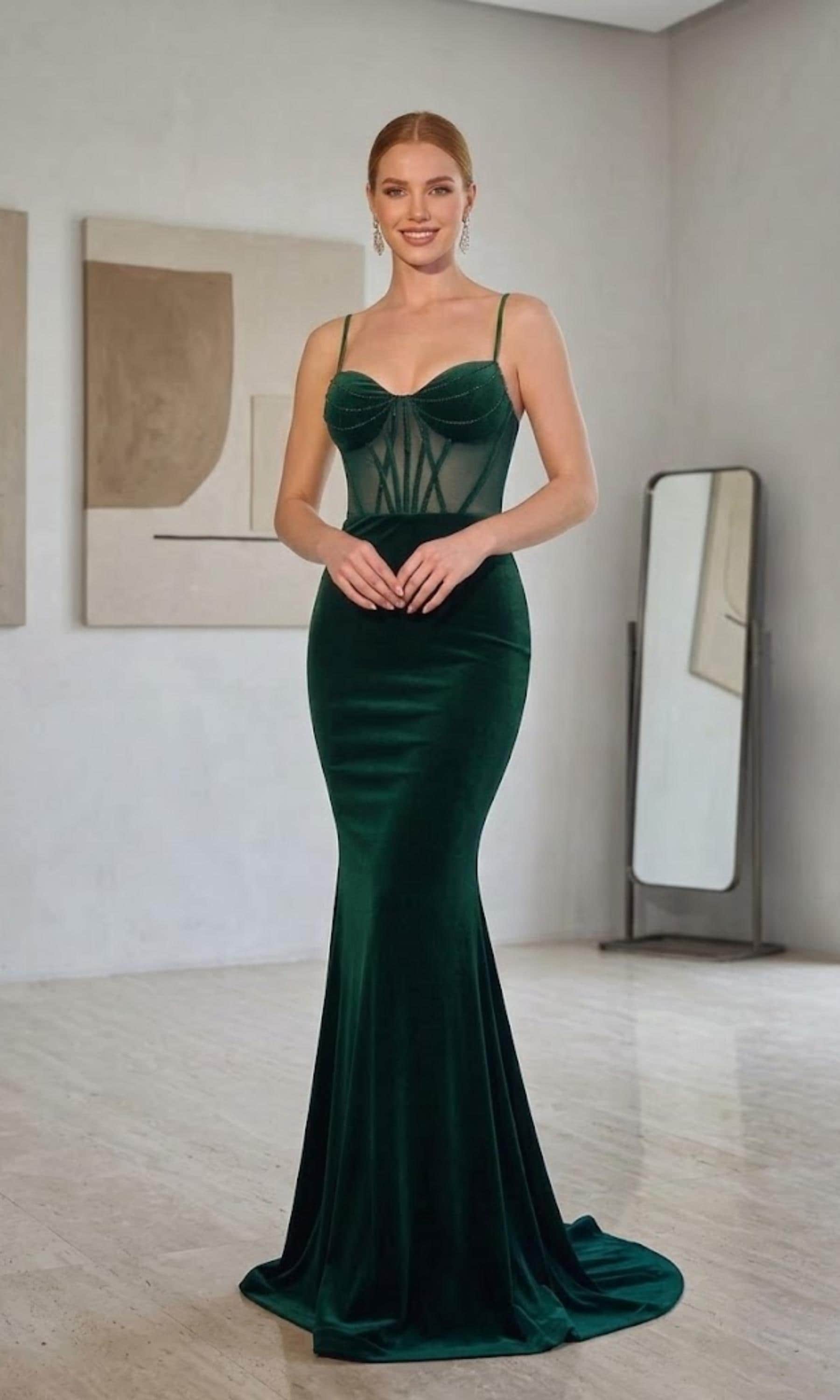 chinese dress ladies Green Maxi Mermaid Gala Formal Evening Dress with Gold Lace EN4812 Size 28W / Green/Gold main image 1