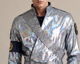 Chaqueta militar metalizada de estrella del pop de los 90 – Traje iridiscente holográfico para gira de conciertos