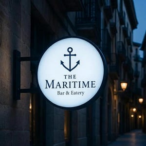 Peut inclure: Un panneau rond et lumineux pour "The Maritime Bar & Eatery" avec un symbole d'ancre bleu marine et du texte. Le panneau est monté sur un support noir contre un mur en pierre, avec une scène de rue floue en arrière-plan.