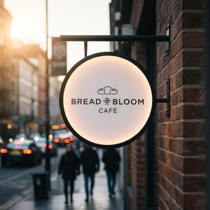 Może przedstawiać: Okrągły, podświetlany szyld "Bread Bloom Café" wisi na ceglanej ścianie. Szyld zawiera nazwę kawiarni oraz logo chleba i kwiatu. W tle widać ulicę miejską z pieszymi i samochodami.