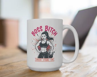 Taza de mujer musculosa, jefa y perra / Diversión fuerte y motivada