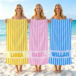 Toalla de playa personalizada, toalla de piscina a rayas personalizada, toalla de colores, disponible en 5 tamaños, imprescindible para las vacaciones, regalo para despedidas de soltera y fiestas de cumpleaños.