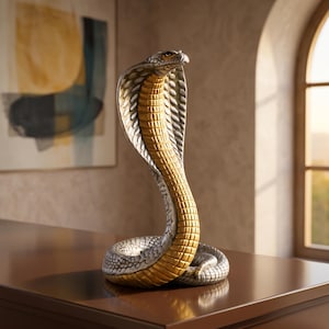 Könnte beinhalten: Eine Kobra-Figur in einer markanten aufrechten Haltung mit gespreiztem Nackenschild. Die Skulptur weist ein metallisch silbernes Finish am äußeren Körper und ein strukturiertes goldenes Finish an der Innenseite des Nackenschilds auf.