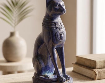 Handcrafted Bastet Replica Lapis Lazuli Gemstone Cat Statue Egyptian Goddess Figure Spiritual Gift