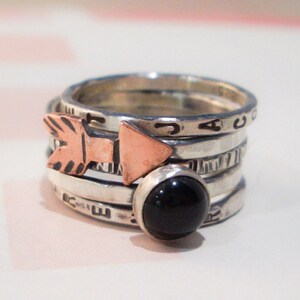 Arrow Personalized Stacking Ring in Sterling Silver and Onyx