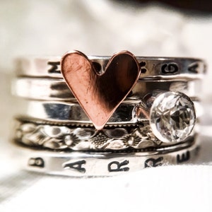 Rustic Love // Personalized Stacking Rings // White Topaz, Copper and Sterling Silver