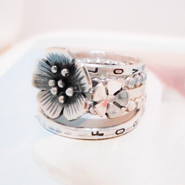 Apple Blossom Wildflower Ring Set // Personalized Stacking Ring in Sterling Silver