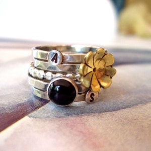 Golden Fleurette Ring // Personalized Stacking Ring in Sterling Silver, Brass, and Onyx