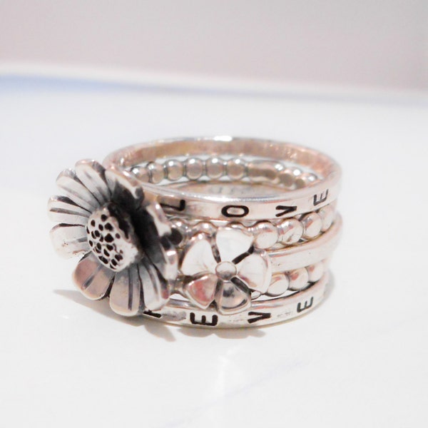 Daisy Wildflower Ring Set // Personalized Stacking Ring in Sterling Silver