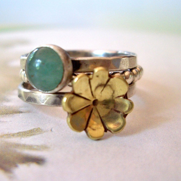 Golden Fleurette and Aventurine Ring // Stacking Ring in Sterling Silver, Brass, and Aventurine