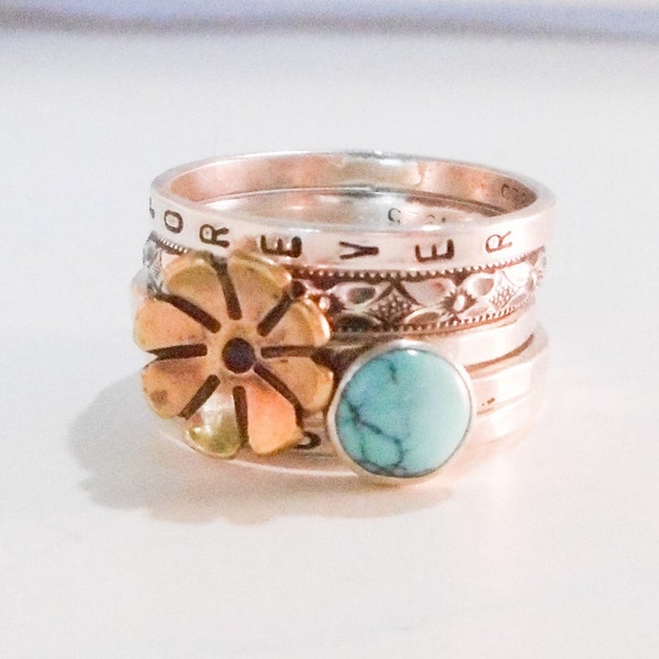 Golden Floral and Turquoise Ring // Personalized Stacking Ring // Sterling Silver, Brass, and Turquoise