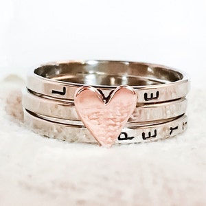 Love Is...Stacking Bands in 14K White and Rose Gold //  Hand Stamped and Personalized