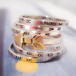 Golden Arrow Seven Ring Set:  Personalized Sterling Silver Stacking Rings