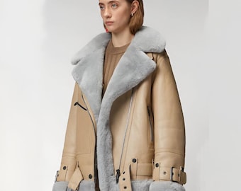 Chaqueta de piel de cordero estilo aviador para mujer