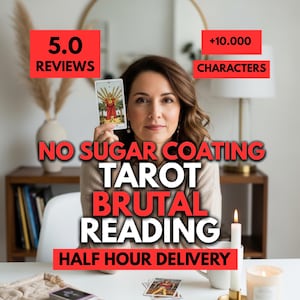 May include: A woman holding a tarot card with a red and gold design. Text on the image reads "5.0 REVIEWS", "+10.000 CHARACTERS", "NO SUGAR COATING TAROT BRUTAL READING HALF HOUR DELIVERY". A lit candle and a cup are on the table.