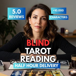 May include: A woman sits at a table with tarot cards, a notebook, and a cup of coffee. Text on the image reads "BLIND TAROT READING" and "HALF HOUR DELIVERY". Additional text indicates "5.0 REVIEWS" and "+10.000 CHARACTERS".