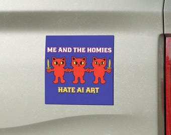 Yo y mis amigos odiamos la IA Imán para coche de arte / Imán de gatos rojos sosteniendo espadas