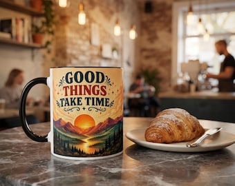 Vintage Mountain Sunset Coffee Mug, Inspirational Nature Landscape Quote (11oz)
