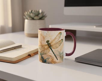 Dragonfly Mug, Botanical Watercolor Coffee Mug, Teal Dragonfly Cup, Gold Floral Mug, Nature Lover Gift, Elegant Ceramic Mug