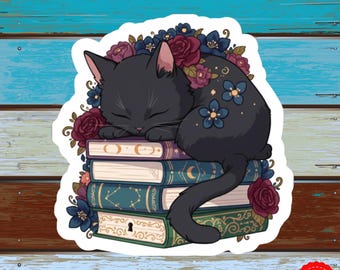 Adesivo con gatto nero che dorme sui libri, fiori primaverili, decalcomania in vinile impermeabile