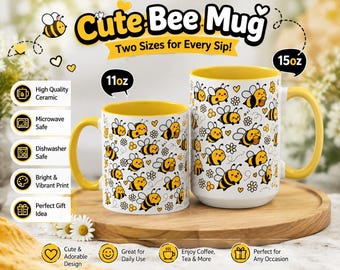 Cute Bee Mug, Kawaii Bee Coffee Mug, Honey Bee Mug, Cute Animal Mug, Funny Bee Lover Gift,  Coffee Cup | 11oz or 15oz Ceramic Coffee Cup