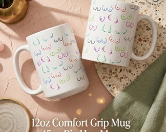 Taza Boobie Rainbow - Taza de café con estampado de pechos coloridos / Regalo feminista que promueve la positividad corporal