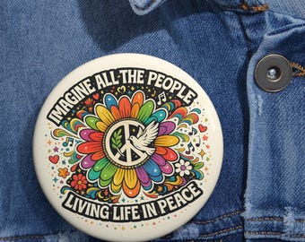 Botón con pin de flor de la paz "Imagina a toda la gente" / Botón de estilo esmaltado de 1 pulgada/1,5 pulgadas