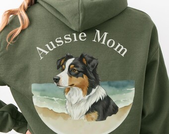 Australian Shepherd Mom Hoodie, Aussie Dog Mom Sweatshirt, Beach Dog Lover Hoodie, Gift for Aussie Owner, Beachy Coastal Dog Shirt
