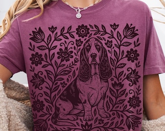 Basset Hound Floral Comfort Colors Graphic Tee Vintage Basset Dog Mom T-Shirt Gift for Dog Lover Birthday idea Dog art botanical t shirt