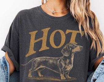 HOT Dog Dachshund Comfort Colors TShirt, Vintage distressed dog Tee, Retro wiener dog shirt, Trendy thrifted-style weenie dog graphic shirt