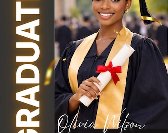 Plantilla editable para anuncio de graduación, publicación de graduación en Canva, promoción de 2026, publicación de graduación en Instagram, diseño en negro y dorado.