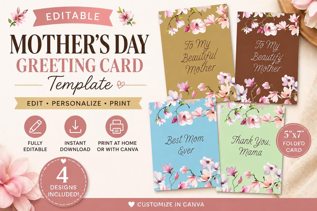 Mother’s Day Card Bundle | Editable Canva Template | Printable 5x7 ...