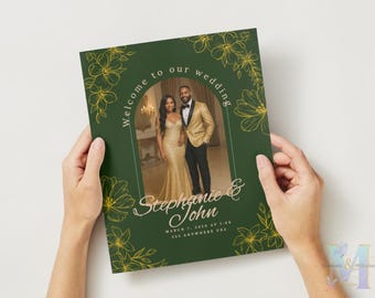 Plantilla de folleto de programa de boda editable / Programa de boda verde y dorado / Programa imprimible de 8 páginas / Programa de boda Canva