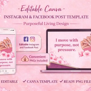 Puede incluir: Plantilla de diseño digital rosa para publicaciones de Instagram y Facebook. El diseño incluye un teléfono inteligente y una computadora portátil que muestra el texto "I move with purpose, not pressure". El texto adicional incluye "Editable Canva" y "Ready PNG Files."