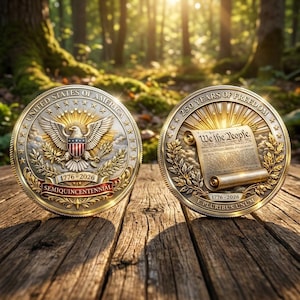 May include: Two commemorative coins with intricate designs. One features an eagle with a shield and the text "United States of America" and "Semiquincentennial 1776-2026." The other coin displays a scroll with "We the People" and "250 Years of Freedom."