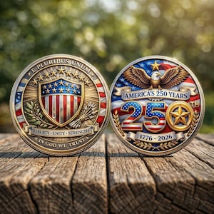 May include: Two commemorative coins with patriotic designs. One coin features a shield with stars and stripes, the other depicts an eagle and the text "America's 250 Years" and "1776-2026". The coins are set on a wooden surface.