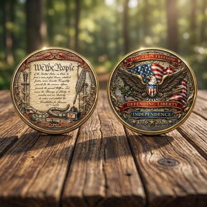 May include: Two commemorative coins with gold and bronze tones. One coin features the text "We the People" and a quill pen. The other coin displays an American flag, an eagle, and the words "Forged in Freedom" and "Defending Liberty."
