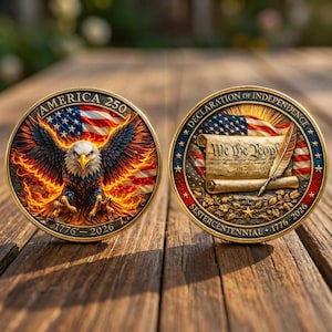 May include: Two commemorative coins with gold rims. One coin features an eagle with outstretched wings against a fiery American flag background. The other coin displays the Declaration of Independence and a quill pen, with an American flag in the background.