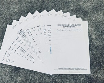 May include: A stack of white planning pack sheets fanned out on a gray surface. The sheets have text that reads "Home Extension & Renovation Planning Pack" and include sections for planning and managing a project. The sheets are designed to help plan, design, and manage a project.