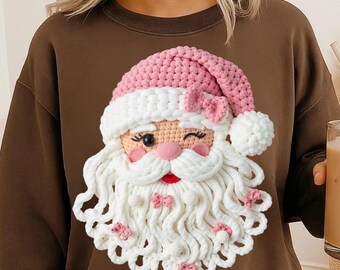 Pink Crochet Santa Png: Christmas Coquette Bow Sublimation Design (Digital Download)