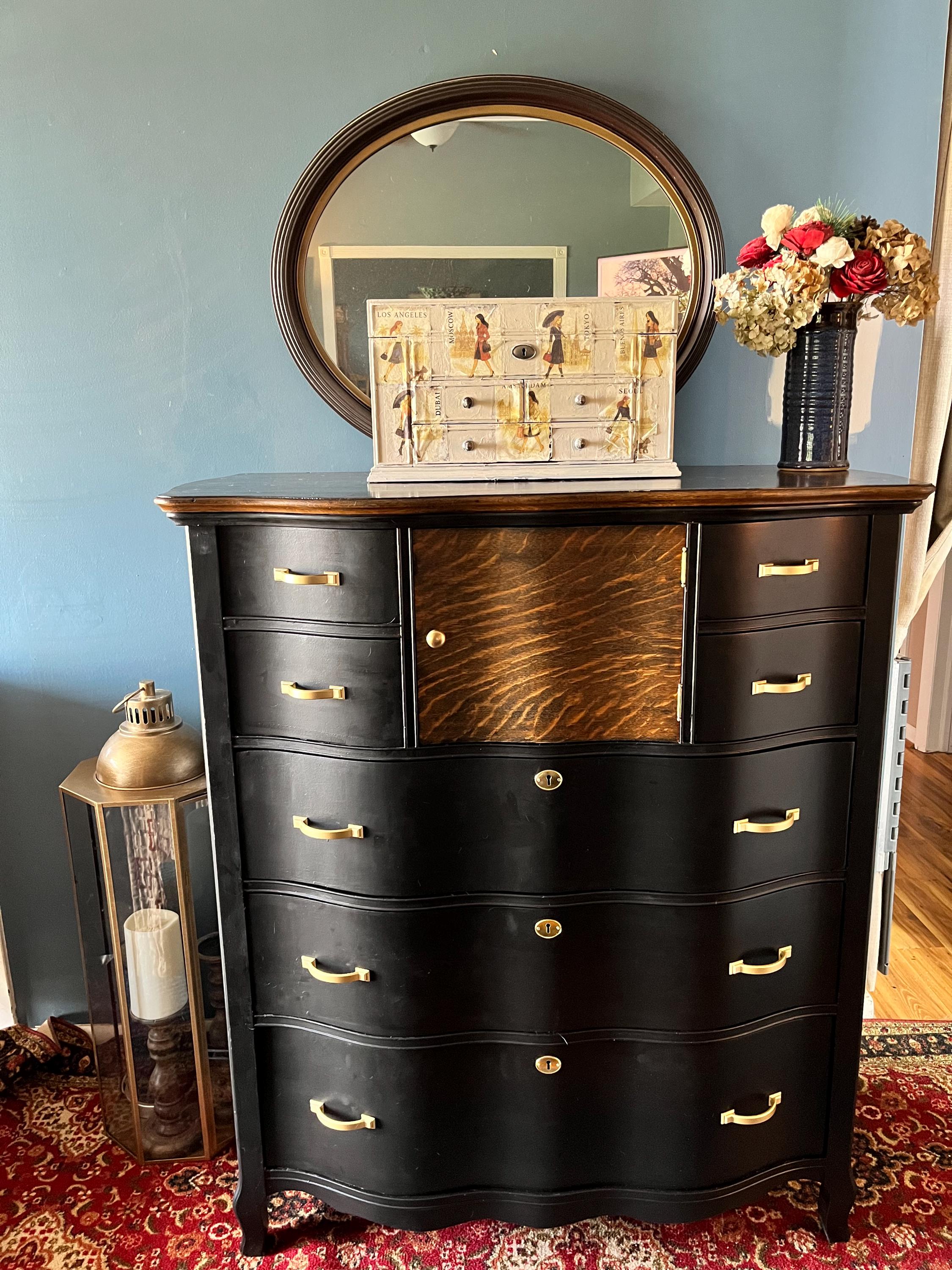 black dresser with gold trim SOLD-DON'T PURCHASE - Tiger Maple | Modern Boutique Furniture | Refinished Vintage Chest | Satin Black & Hardware black dresser with natural wood top