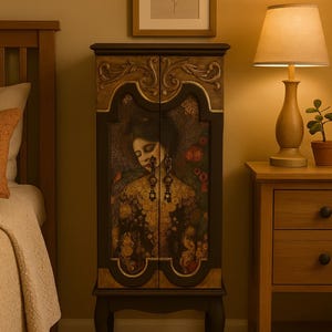 May include: A dark-colored cabinet with a painted portrait on the doors. The portrait features a woman with long earrings and floral details. The cabinet is set in a bedroom with a wooden bed frame, a nightstand, and a lamp.